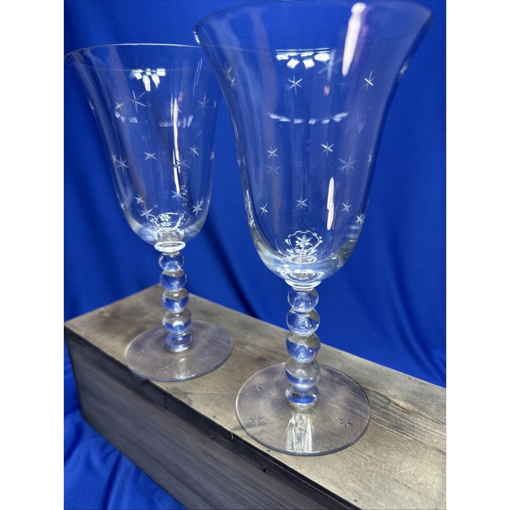 Vintage Candlewick 6 Point Star Cut 9  oz.  4 Ball Stem Water Goblets Set of 2